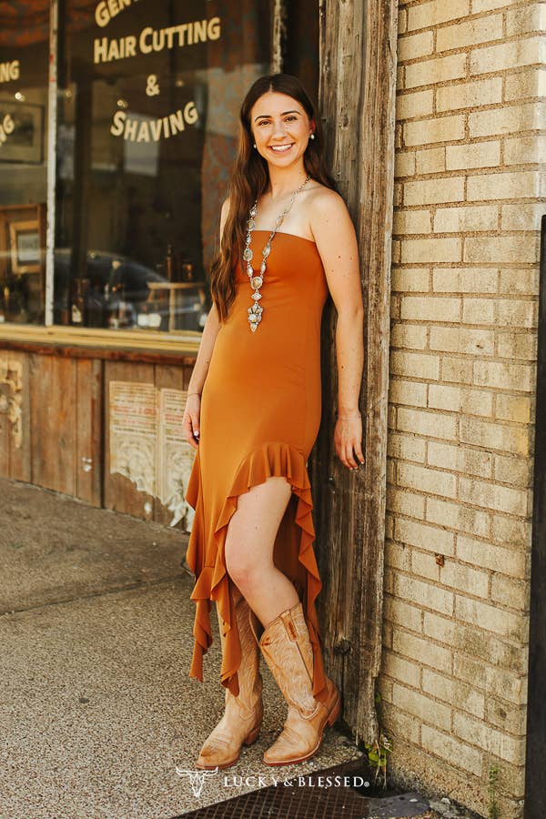 Camel Strapless Ruffle Hem Detail Dress