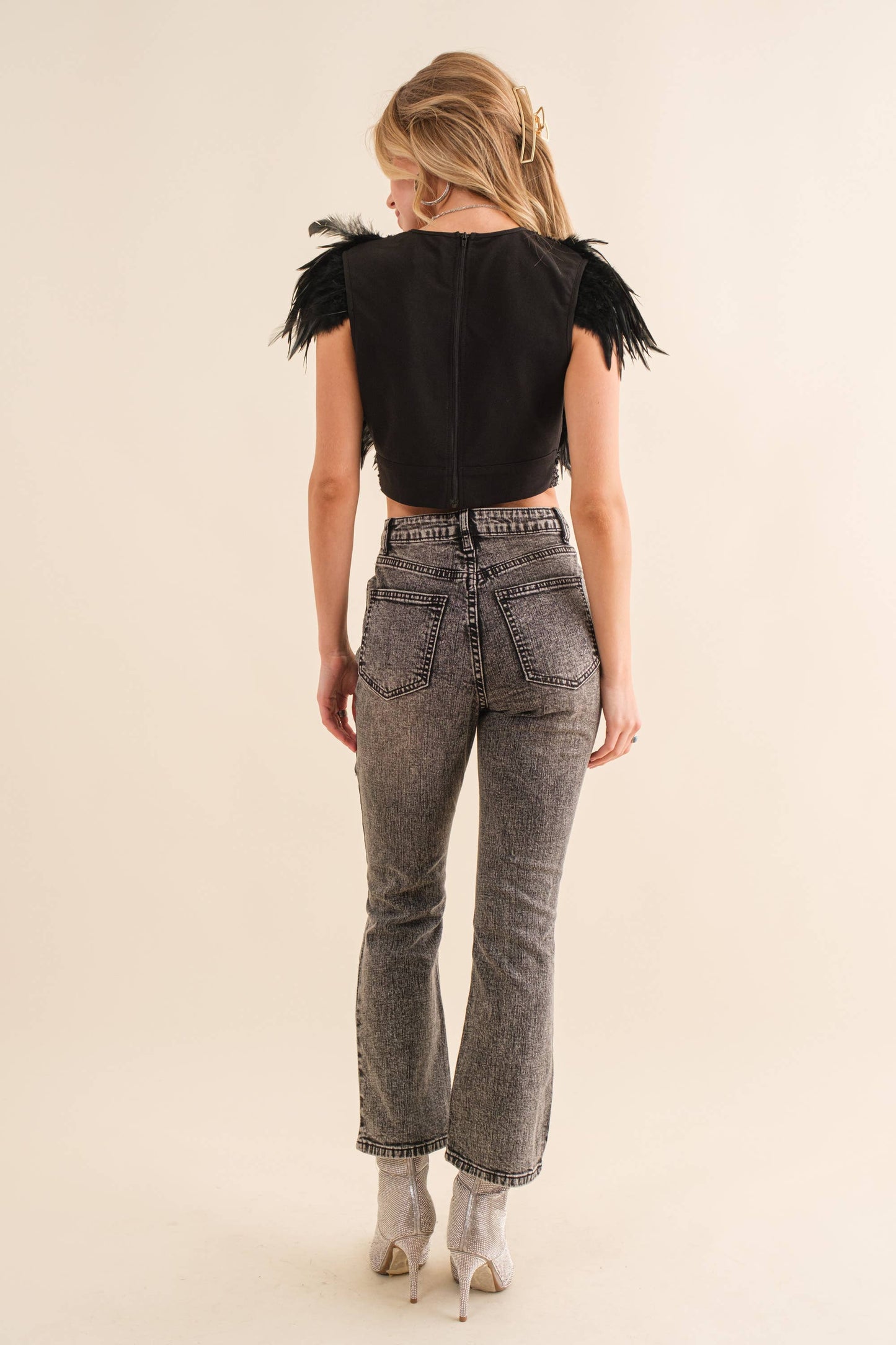 Sequin Feather V Neck Crop Top