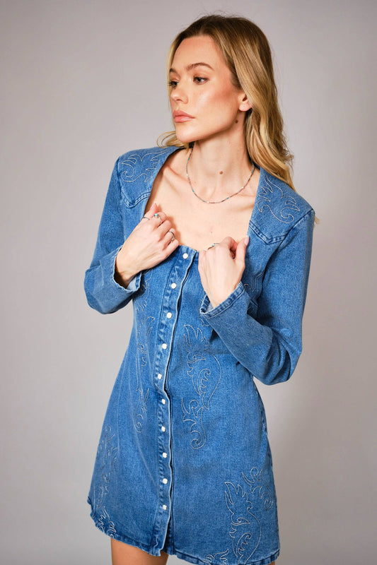 Embroidered Snap Front Denim Minidress