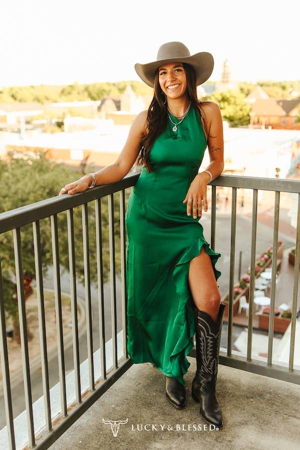 Emerald Green Satin Halter Ruffle Slit Hem Dress