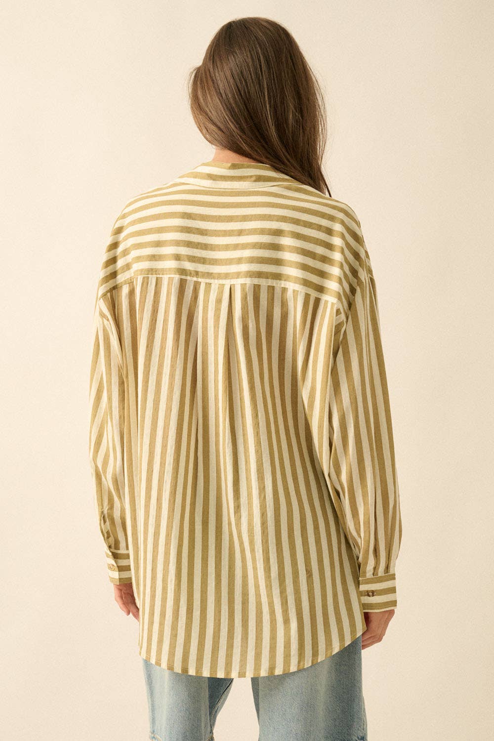 Stripe-Print Woven Cotton Oversized Button-Up Pocket Shirt