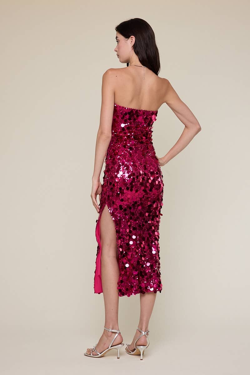 SEQUIN ALL OVER ONE-SIDE SLIT TUBE MIDI DRESS