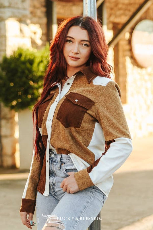 Patchwork Denim Pearl Snap Western Shirt