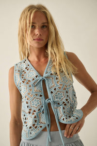 Denim Cutout Embroidered Floral Tie-Front Vest