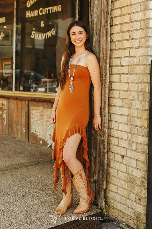 Camel Strapless Ruffle Hem Detail Dress