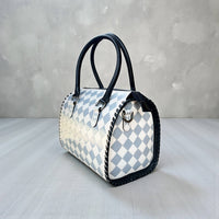 Gray checker tooled leather speedy bag 