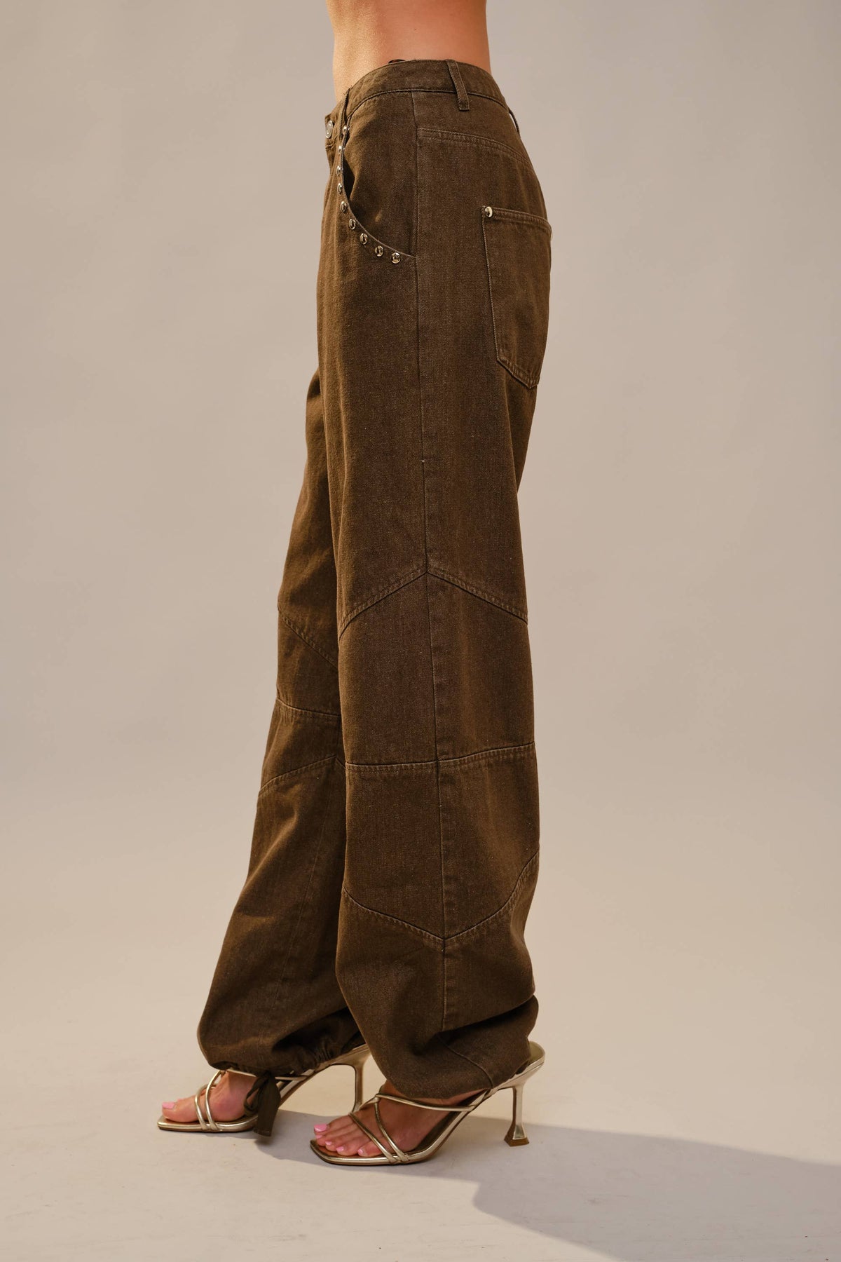 Metal Stud Drawstring Hem Jeans