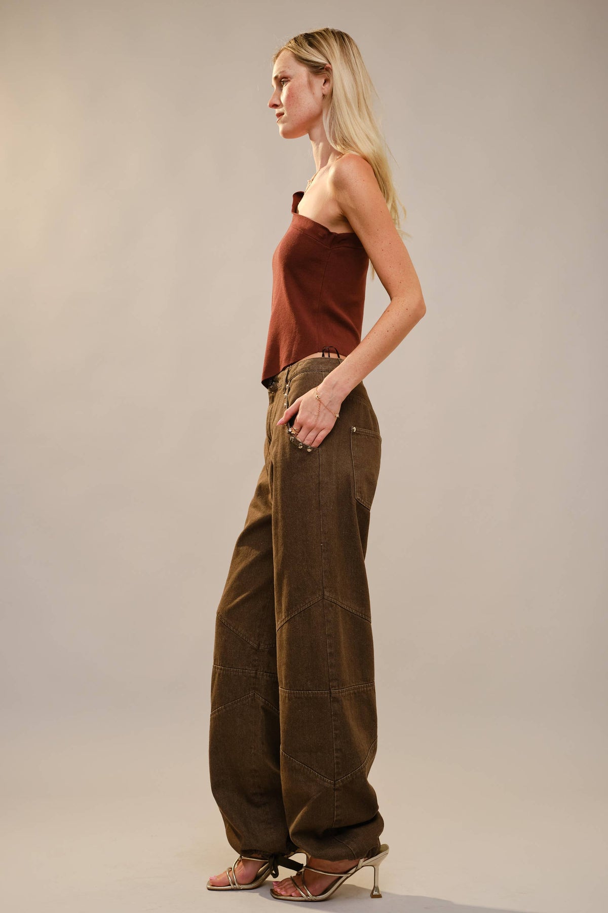 Metal Stud Drawstring Hem Jeans