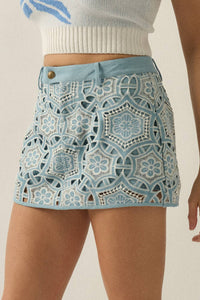 Denim Cutout Embroidered Mini Skort