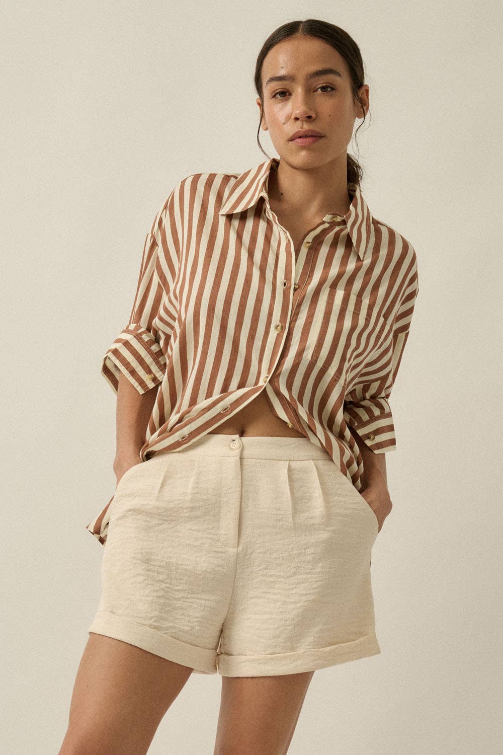 Stripe-Print Woven Cotton Oversized Button-Up Pocket Shirt