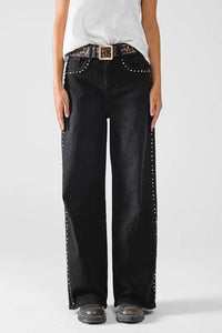 Studded Straight Wide-Leg Jeans