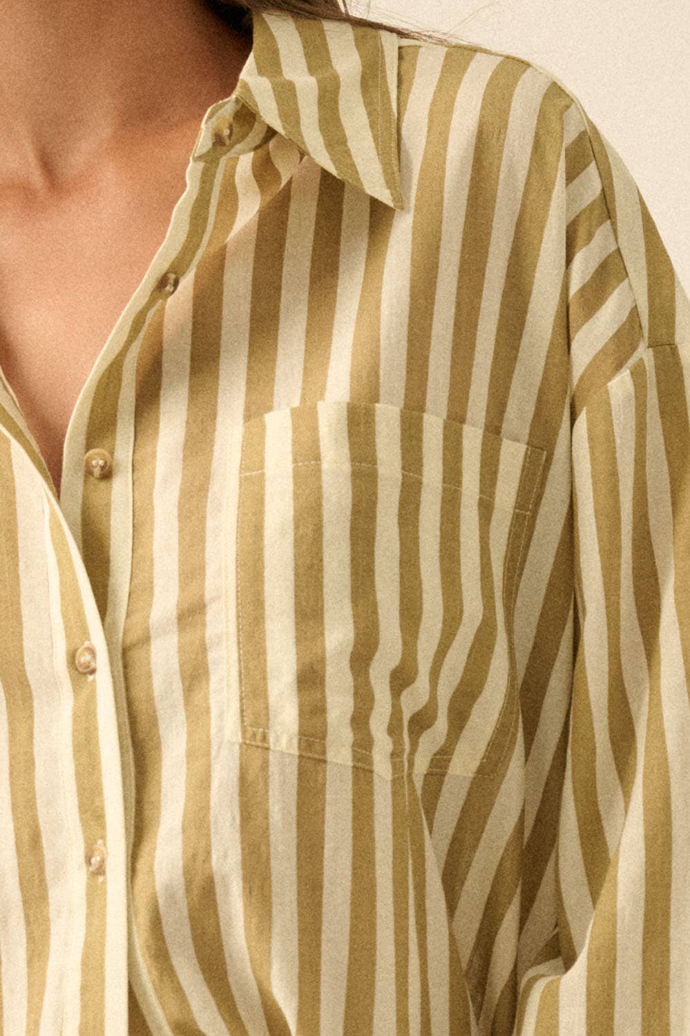 Stripe-Print Woven Cotton Oversized Button-Up Pocket Shirt