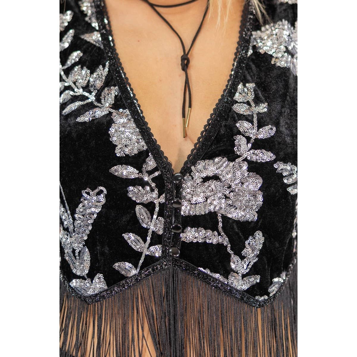 KYRA SEQUIN VELVET FRINGE VEST