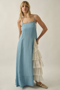 Tencel Denim A-Line Open-Back Leg-Out Maxi Dress