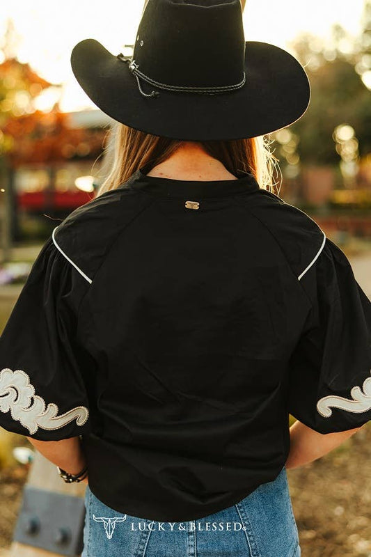 Black Western Embroidered Detail Blouse