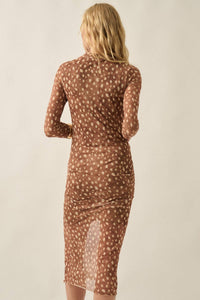 Abstract Polka Dot Mesh Mock-Neck Long-Sleeve Midi Dress