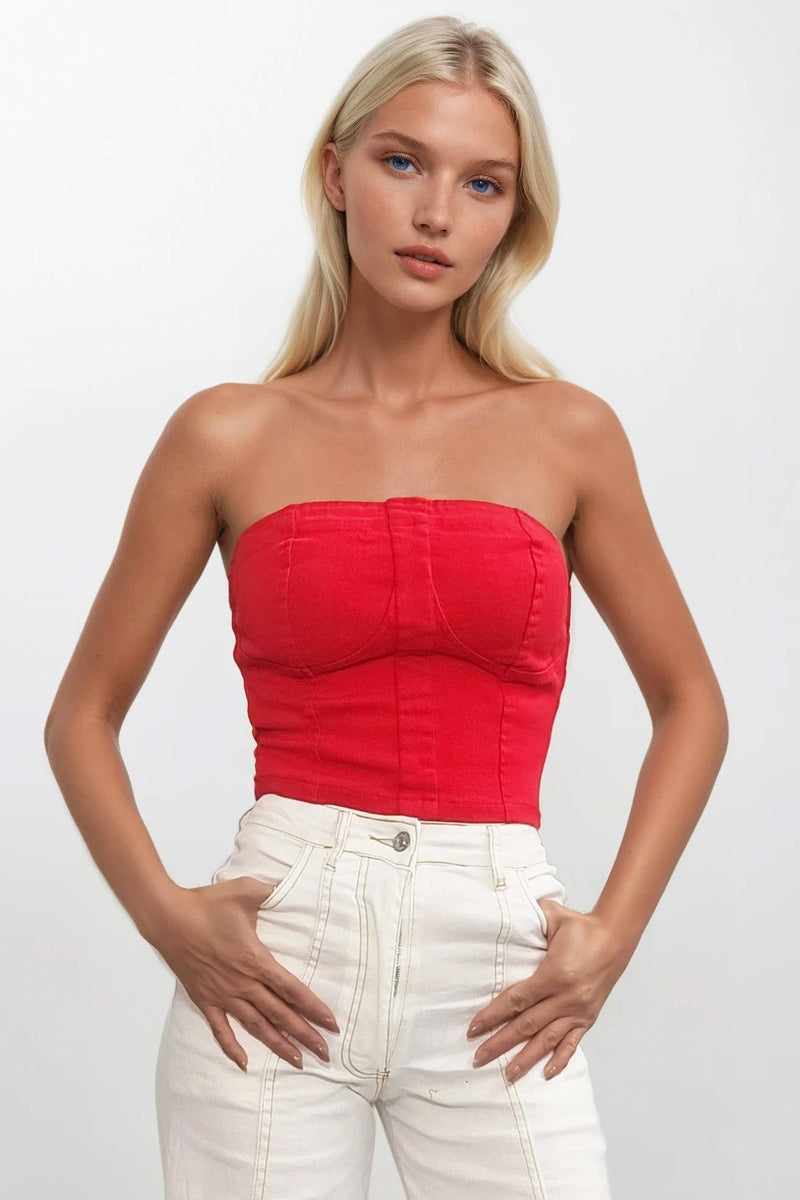 CROPPED BUSTIER TUBE DENIM TOP