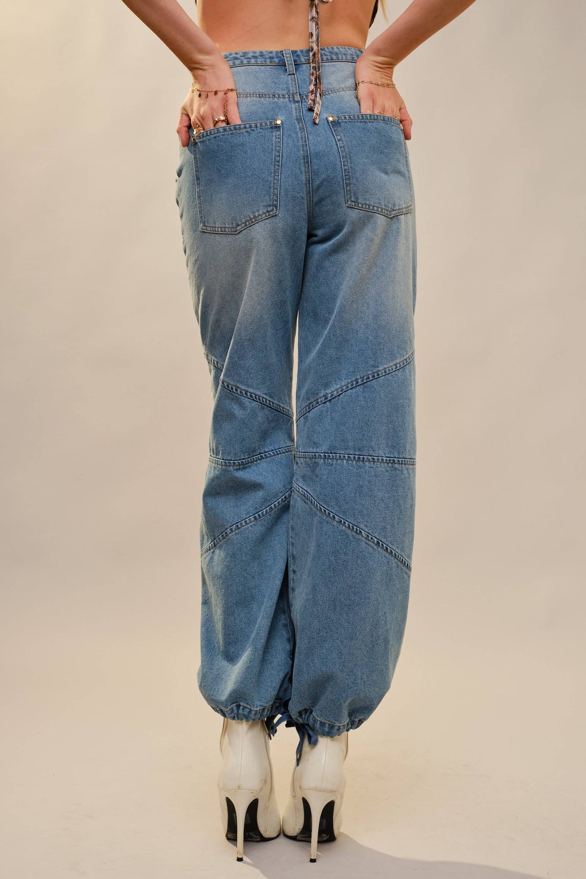 Metal Stud Drawstring Hem Jeans