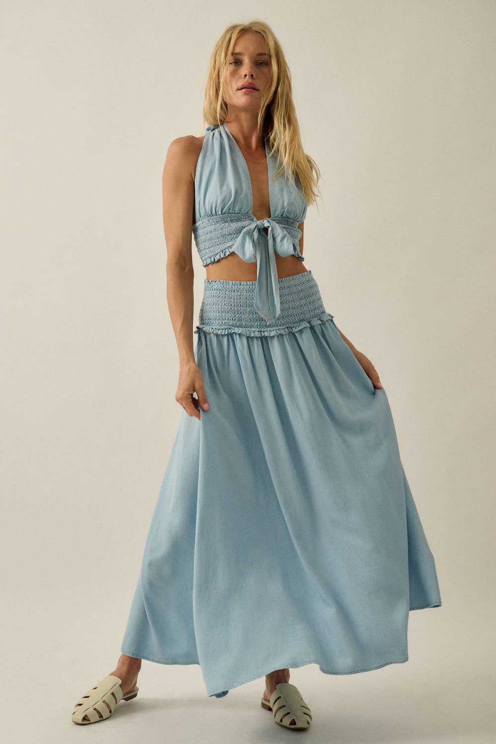 Tencel Denim Smocked Tie-Front Halter Top