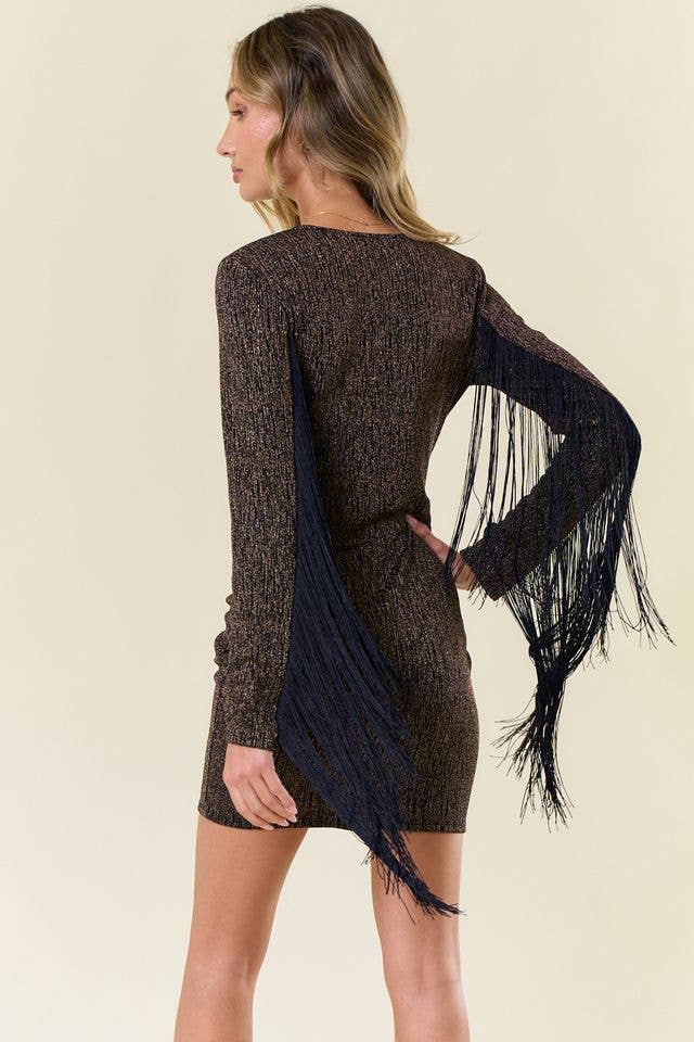 METALLIC MOCHA FRINGED BODYCON DRESS