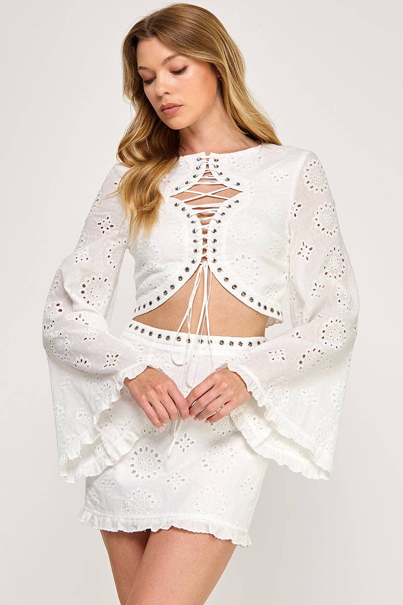 Eyelet Lace Up Crop Top + Mini Skirt Set