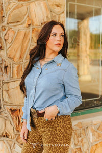 Denim Stretch Button Down Western Pearl Snap Shirt