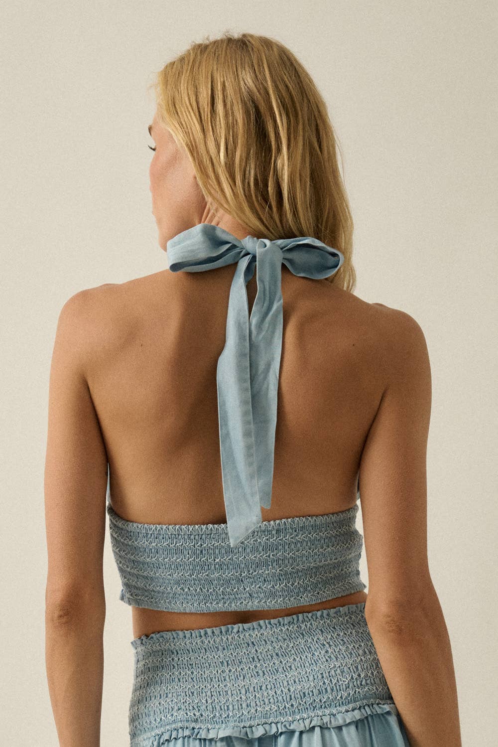 Tencel Denim Smocked Tie-Front Halter Top
