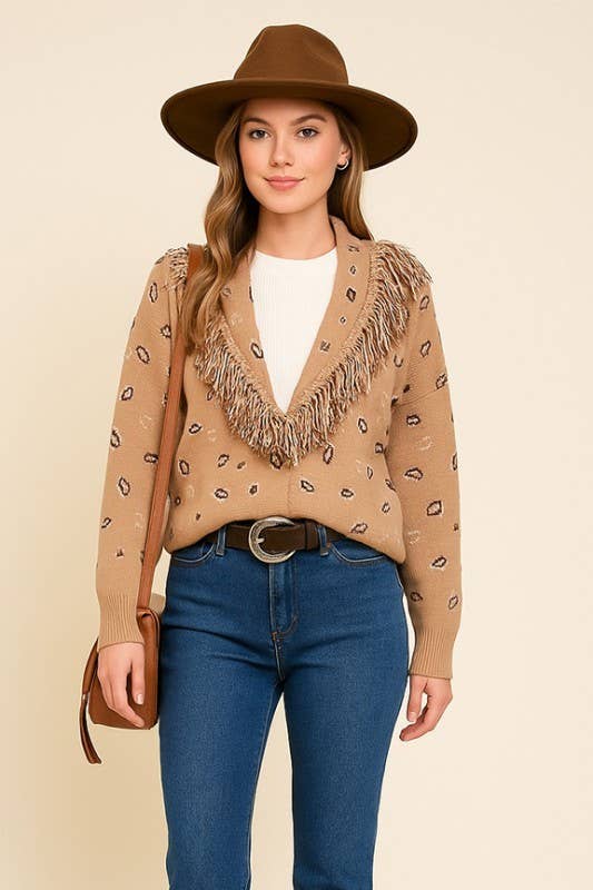 Paisley Printed Cardigan With Fringe Collar