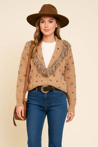 Paisley Printed Cardigan With Fringe Collar