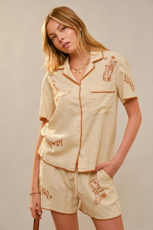 Western Embroidered Linen Shorts Set