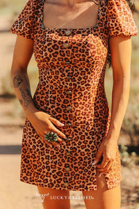 Leopard Print Button Front Mini Dress W Puff Sleeves