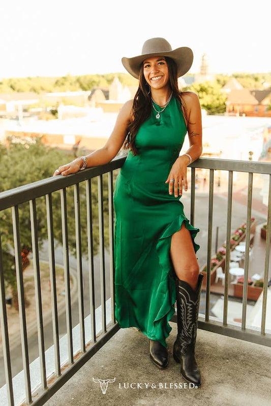 Emerald Green Satin Halter Ruffle Slit Hem Dress