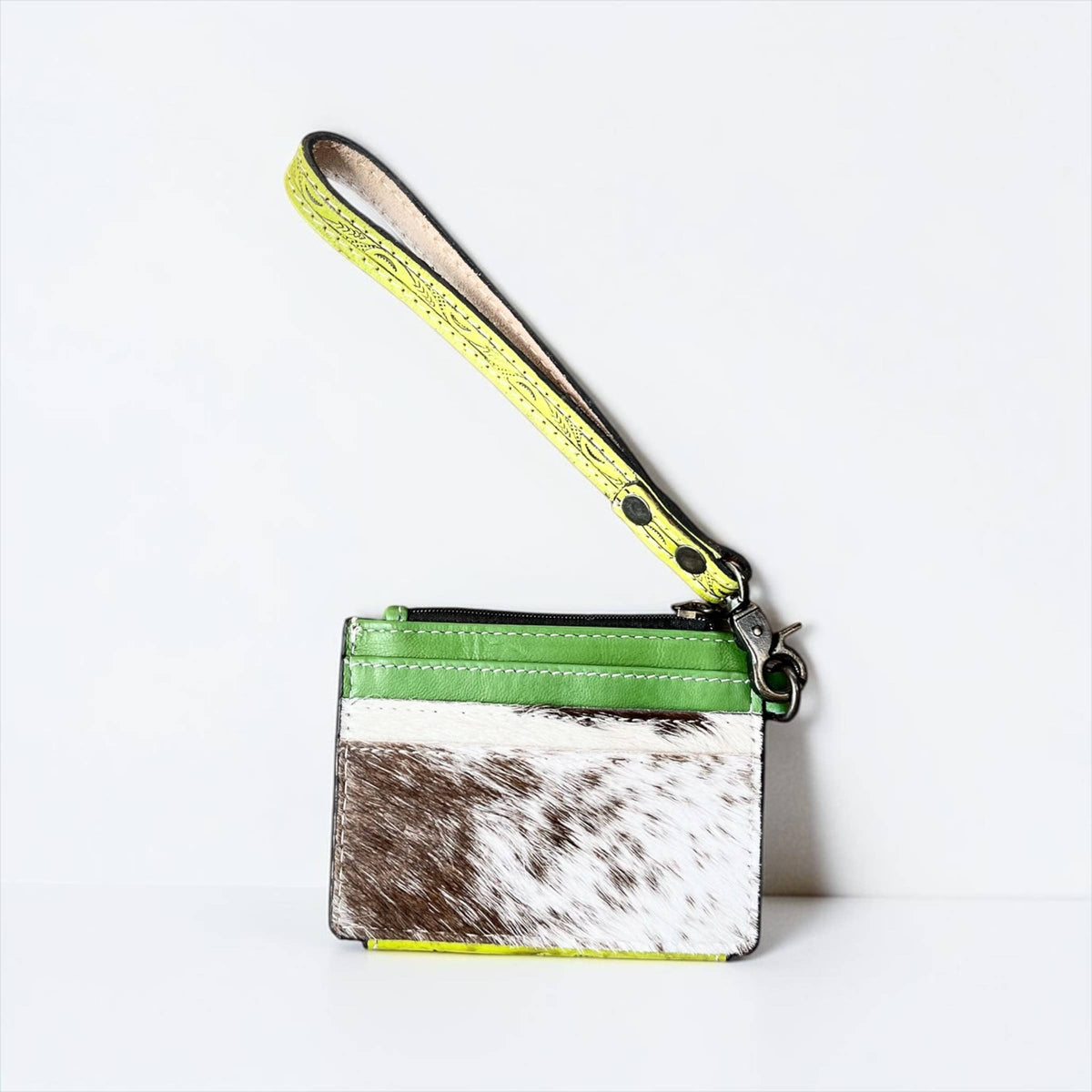Green yellow tooled leather wristlet wallet