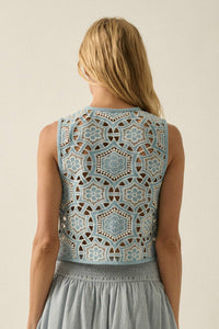 Denim Cutout Embroidered Floral Tie-Front Vest