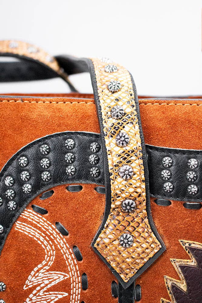 Genuine Suede Tote Bag with Boot Stitching and Rivet Accents