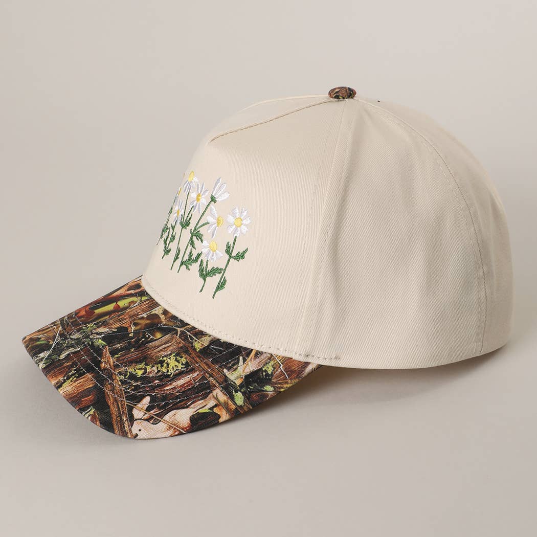 Daisy Bloom Embroidered Cotton Camo Baseball Cap