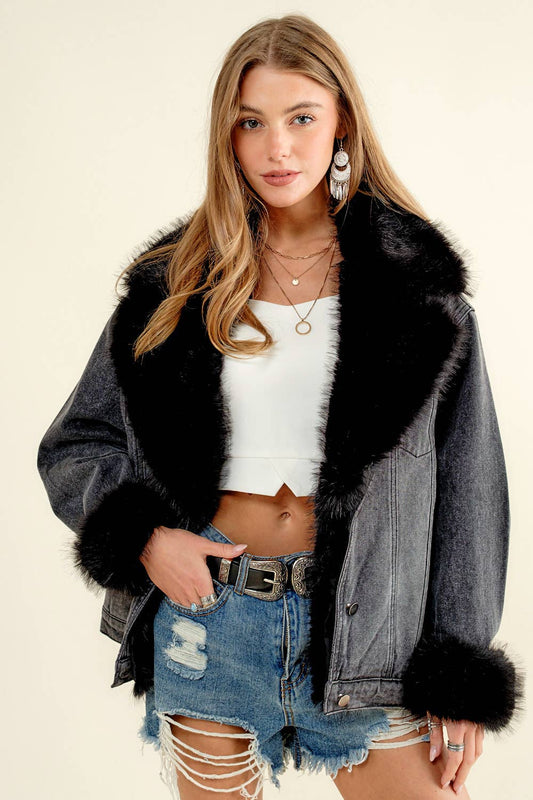 15121J - Fur Collard Cuff Over sized Denim Jacket