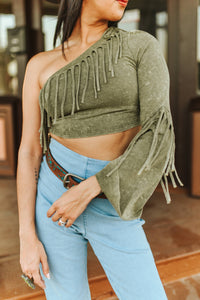 Olive Mineral Wash Fringe Detail Crop Top