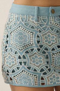 Denim Cutout Embroidered Mini Skort