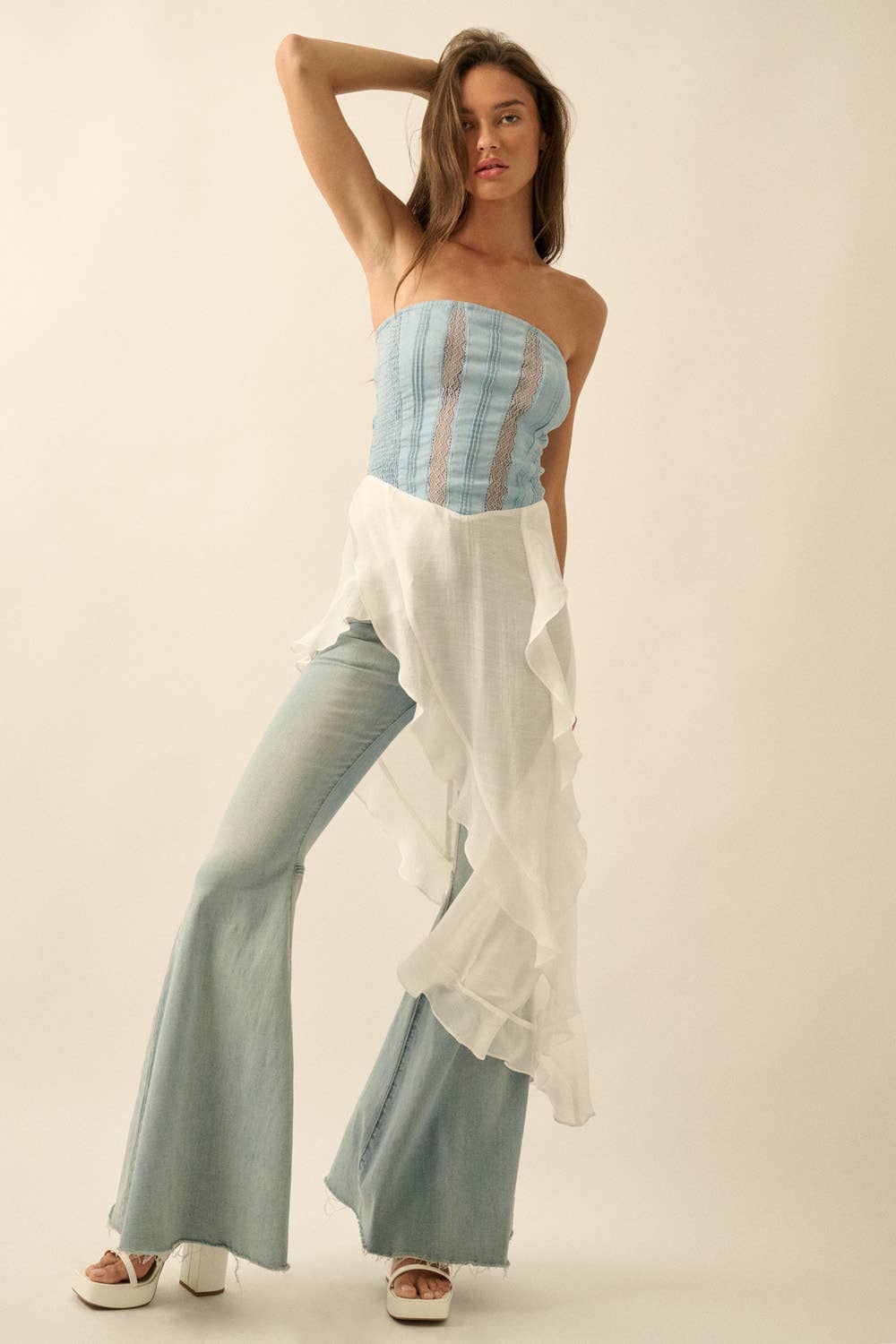 Tencel Denim and Gauze Strapless Ruffled Maxi Top