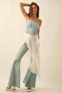 Tencel Denim and Gauze Strapless Ruffled Maxi Top