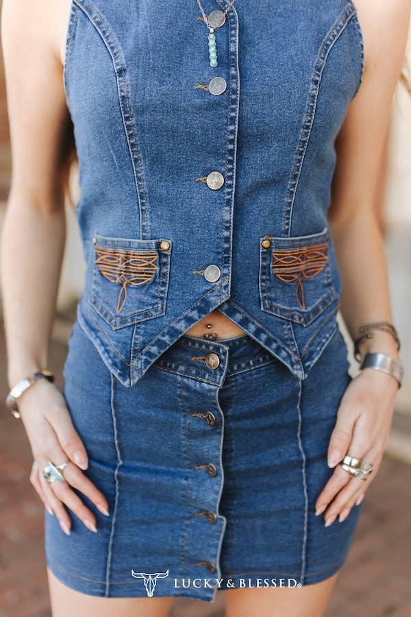 Dark Wash Stretch Denim Button Embroidered Vest W Skirt Set