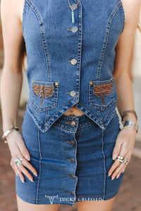 Dark Wash Stretch Denim Button Embroidered Vest W Skirt Set