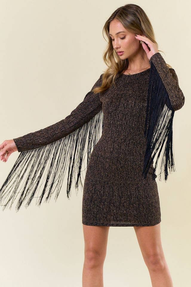 METALLIC MOCHA FRINGED BODYCON DRESS
