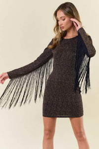 METALLIC MOCHA FRINGED BODYCON DRESS