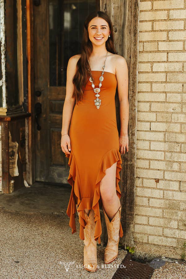 Camel Strapless Ruffle Hem Detail Dress
