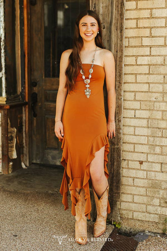 Camel Strapless Ruffle Hem Detail Dress