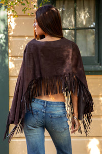STALLION Faux Suede Cropped Flowy Fringe Poncho