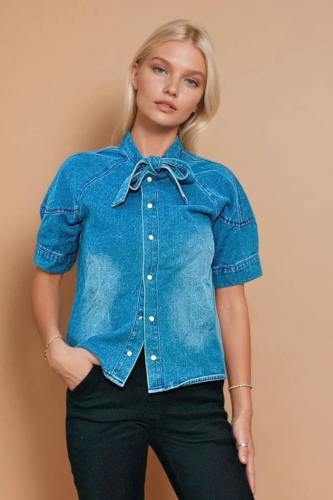 TIE NECK DENIM BLOUSE