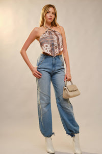 Metal Stud Drawstring Hem Jeans